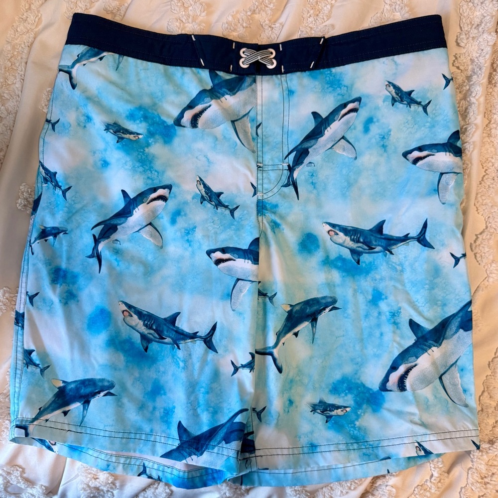 Wonder Nation Navy Blue Shark print Swim trunks with White Mesh XL (14-16)